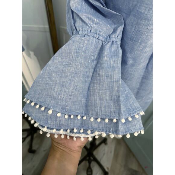 COPY - Sara Campbell Off The Shoulder Linen Blue Top Blouse Size Small Bell Sle… - Picture 4 of 6
